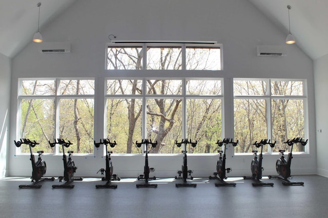 exercise room with plenty of natural light and high vaulted ceiling