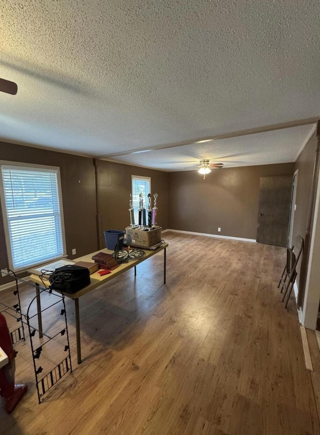 living room with hardwood / wood-style flooring, ceiling fan, and a textured ceiling