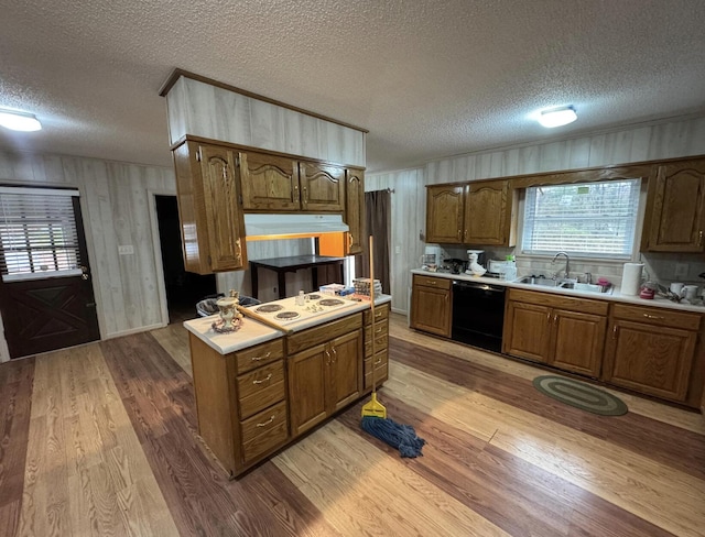 kitchen with sink, dishwasher, a textured ceiling, white electric stovetop, and light wood-type flooring