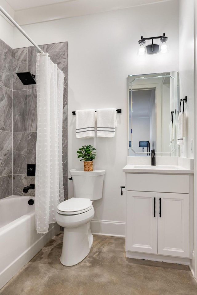 bathroom featuring toilet, concrete floors, vanity, baseboards, and shower / tub combo with curtain