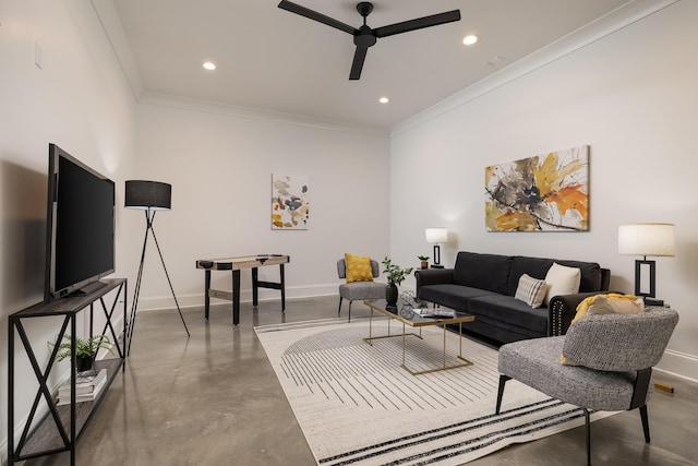 living room with baseboards, recessed lighting, a ceiling fan, and finished concrete floors