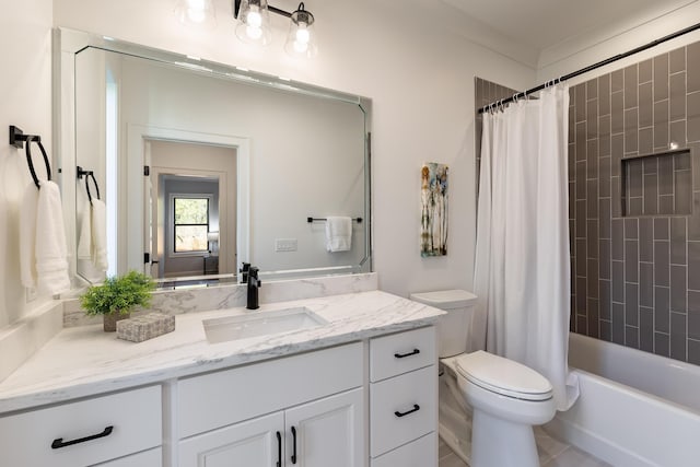 full bath with toilet, shower / bathtub combination with curtain, and vanity