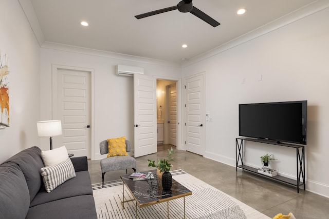 living area with recessed lighting, finished concrete floors, ornamental molding, ceiling fan, and baseboards