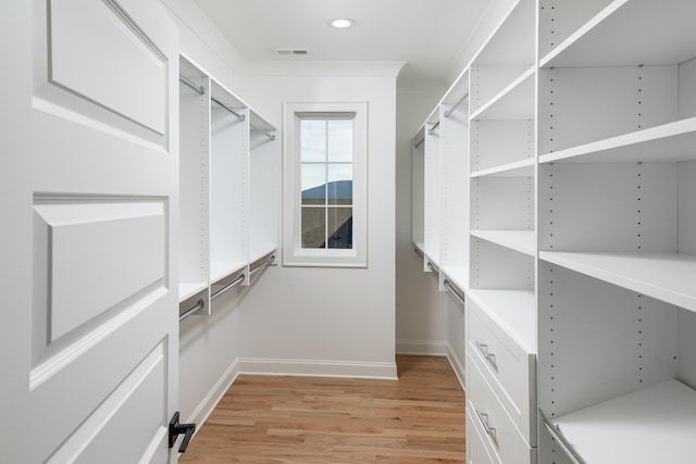 spacious closet featuring visible vents and light wood-style floors