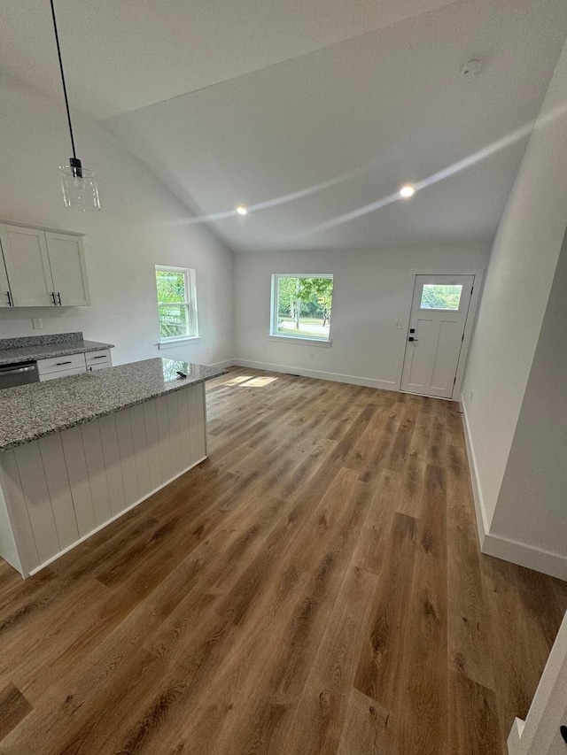 unfurnished living room featuring lofted ceiling and hardwood / wood-style floors