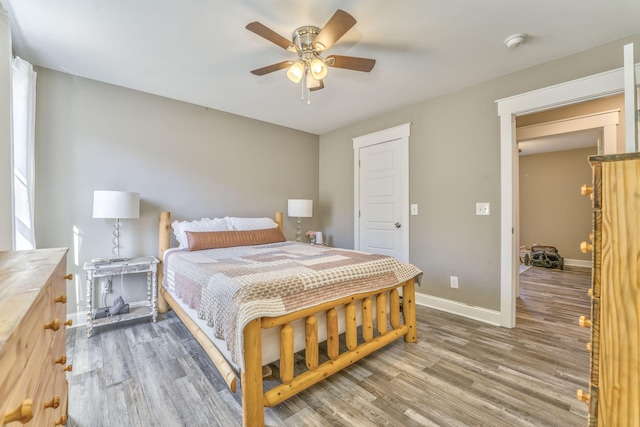 bedroom with ceiling fan and wood-type flooring