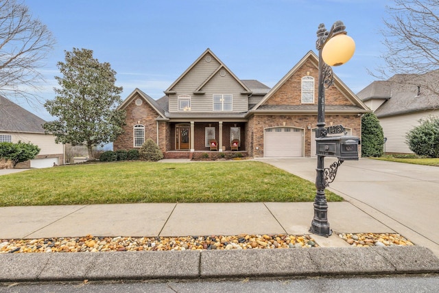 craftsman-style home featuring a garage, a front yard, and covered porch