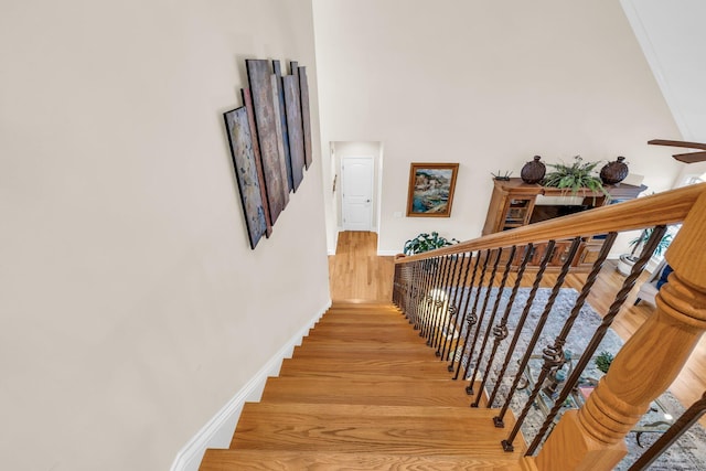 stairway featuring wood-type flooring and a high ceiling