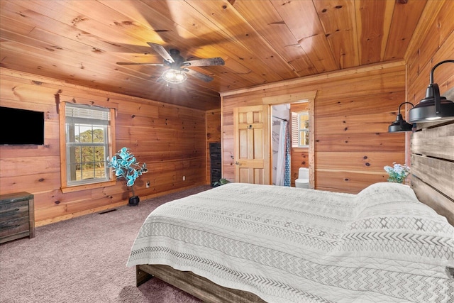 bedroom with ceiling fan, wood walls, visible vents, wood ceiling, and carpet