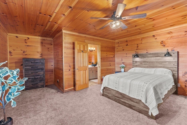 bedroom featuring light carpet, ceiling fan, wood walls, and wood ceiling