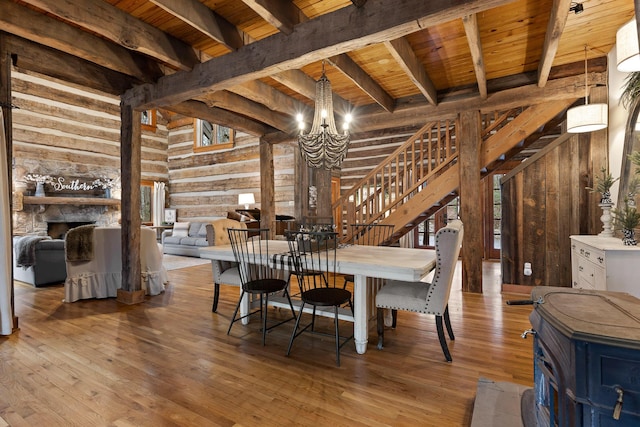 dining space featuring hardwood / wood-style flooring, beamed ceiling, wooden ceiling, and an inviting chandelier