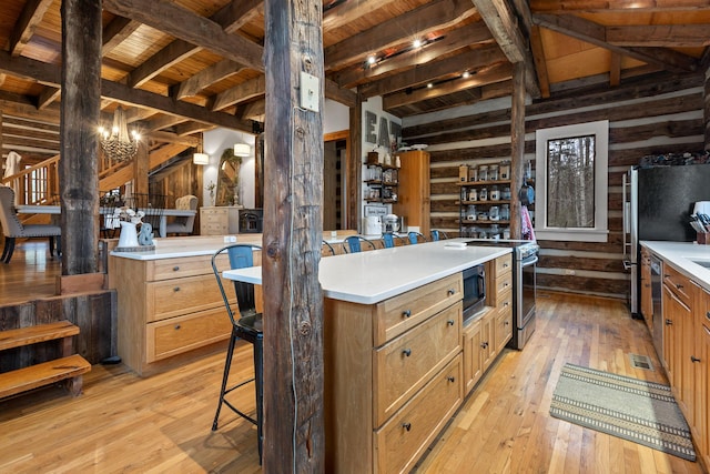 kitchen with stainless steel appliances, wood ceiling, light hardwood / wood-style floors, lofted ceiling with beams, and a kitchen bar