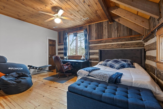 bedroom with wood walls, wood ceiling, wood-type flooring, and lofted ceiling with beams