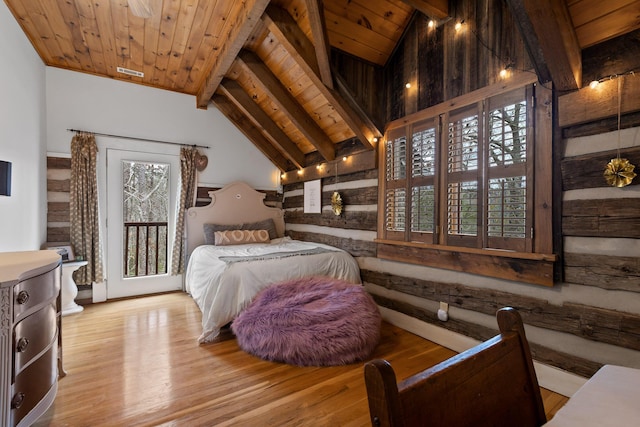 bedroom featuring access to outside, vaulted ceiling with beams, light hardwood / wood-style floors, and wood ceiling