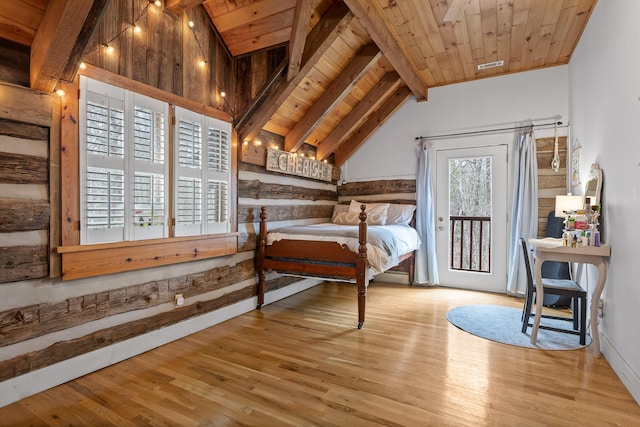 bedroom featuring light hardwood / wood-style flooring, lofted ceiling with beams, access to exterior, and wooden ceiling