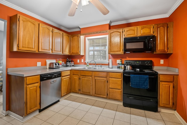 kitchen with ornamental molding, black appliances, a ceiling fan, and a sink