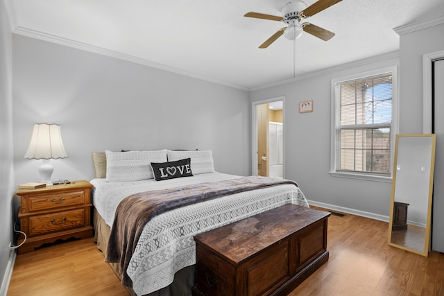 bedroom with ceiling fan, light wood-style floors, baseboards, and ornamental molding