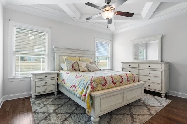 bedroom featuring coffered ceiling, dark wood-type flooring, crown molding, and beam ceiling