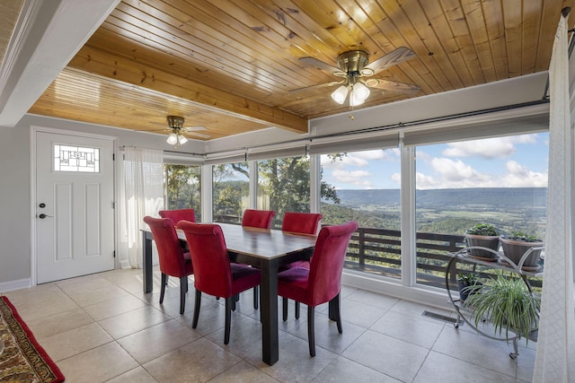 sunroom with ceiling fan and wooden ceiling