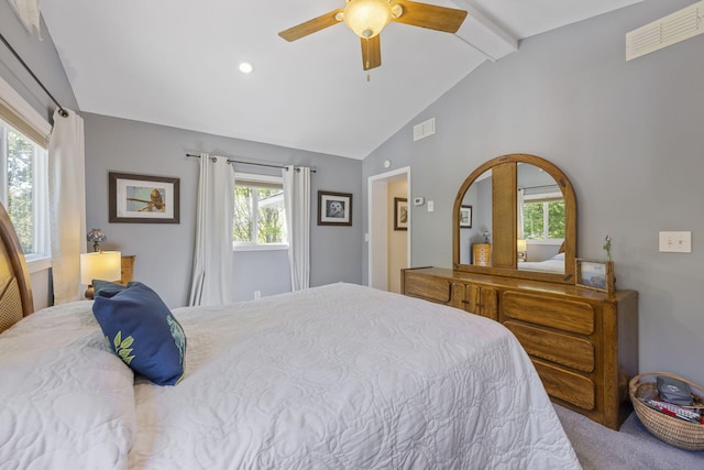 bedroom featuring carpet floors, lofted ceiling with beams, and ceiling fan