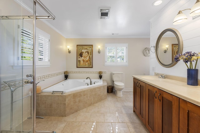 full bathroom with vanity, ornamental molding, plus walk in shower, and toilet