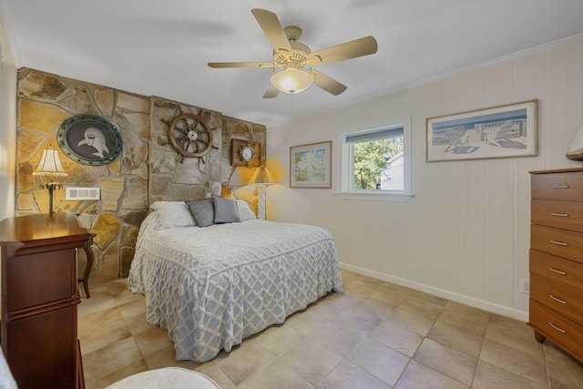 bedroom with ceiling fan and ornamental molding