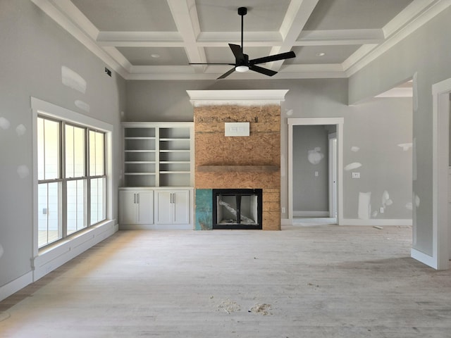 1646 Ritz Way Unit 4, Soddy Daisy, TN 37379 - unfurnished living room featuring coffered ceiling, a fireplace, a ceiling fan, beamed ceiling, and wood finished floors