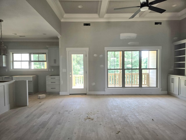 1646 Ritz Way Unit 4, Soddy Daisy, TN 37379 - unfurnished living room featuring ornamental molding, a ceiling fan, coffered ceiling, light wood-style floors, and beamed ceiling