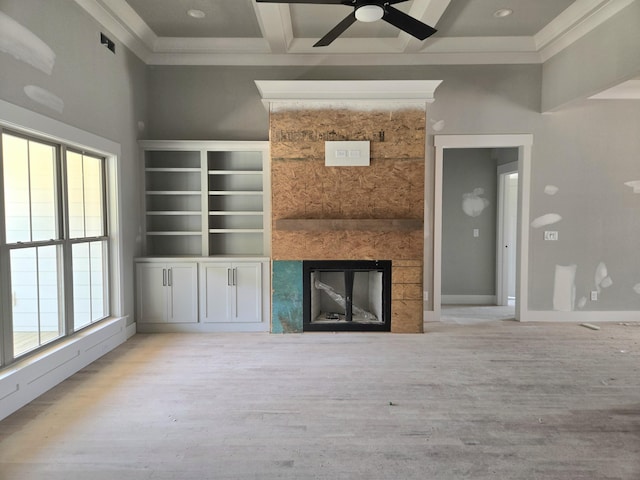 1646 Ritz Way Unit 4, Soddy Daisy, TN 37379 - unfurnished living room with coffered ceiling, a fireplace, wood finished floors, ceiling fan, and beam ceiling