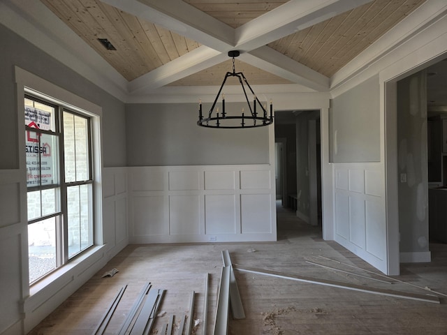1646 Ritz Way Unit 4, Soddy Daisy, TN 37379 - unfurnished dining area with a decorative wall, wainscoting, a wooden ceiling with exposed beams, and a chandelier