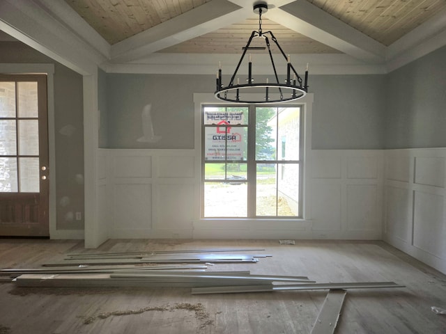 1646 Ritz Way Unit 4, Soddy Daisy, TN 37379 - unfurnished dining area with a decorative wall, a wooden ceiling with exposed beams, a chandelier, wainscoting, and healthy amount of natural light