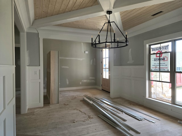 1646 Ritz Way Unit 4, Soddy Daisy, TN 37379 - spare room with a wooden ceiling with exposed beams, a chandelier, plenty of natural light, wainscoting, and a decorative wall