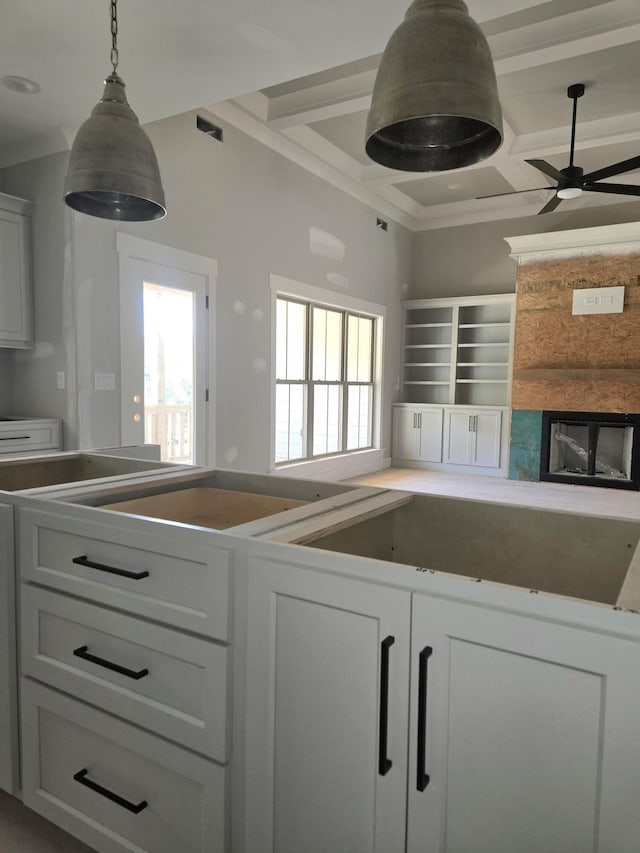 1646 Ritz Way Unit 4, Soddy Daisy, TN 37379 - kitchen with coffered ceiling, crown molding, beam ceiling, pendant lighting, and ceiling fan