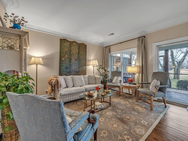 living room featuring crown molding, wood-type flooring, and plenty of natural light