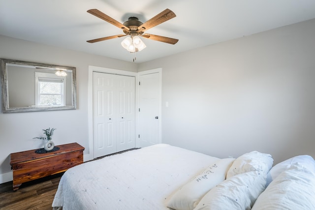 bedroom featuring ceiling fan, dark hardwood / wood-style flooring, and a closet