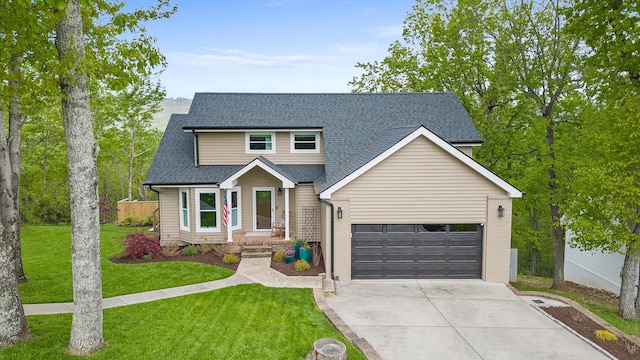 traditional home featuring a garage, a front lawn, concrete driveway, and roof with shingles