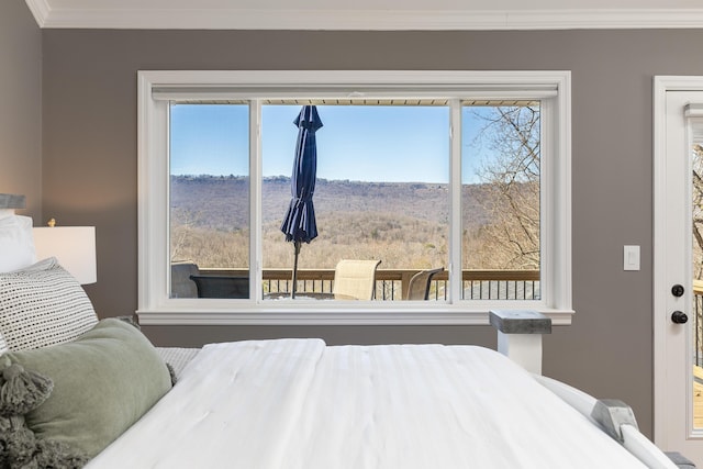 bedroom featuring ornamental molding and multiple windows