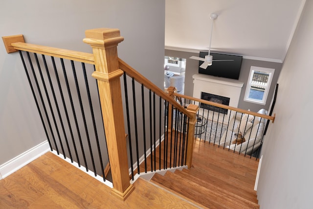 staircase featuring crown molding, a fireplace, baseboards, and wood finished floors