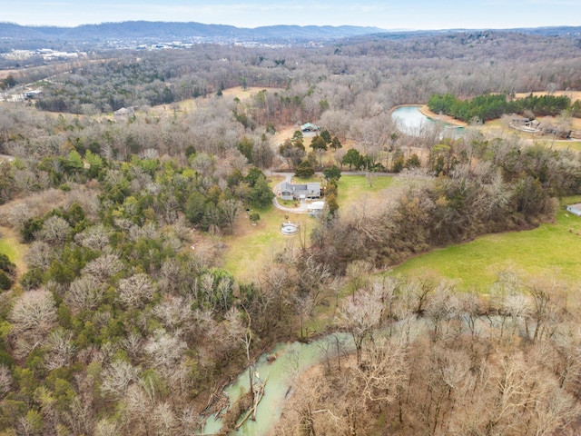 aerial view featuring a water and mountain view