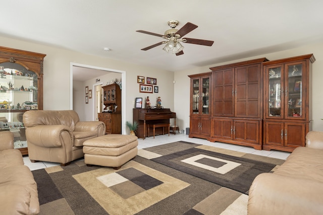 living room featuring light carpet and ceiling fan