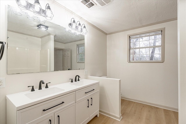 bathroom with hardwood / wood-style flooring, vanity, crown molding, and a textured ceiling