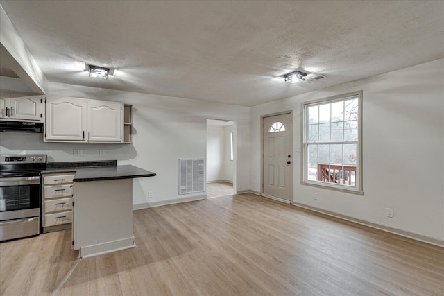 kitchen with white cabinetry, light hardwood / wood-style flooring, a textured ceiling, kitchen peninsula, and stainless steel electric stove