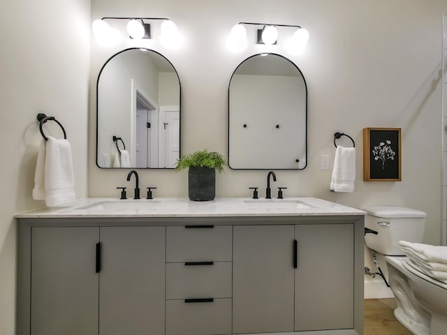 bathroom featuring vanity, hardwood / wood-style floors, and toilet