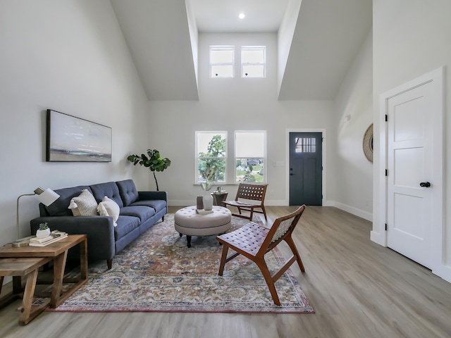 living room with plenty of natural light, a towering ceiling, and light hardwood / wood-style flooring