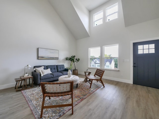 living room featuring a towering ceiling, a wealth of natural light, and light hardwood / wood-style floors