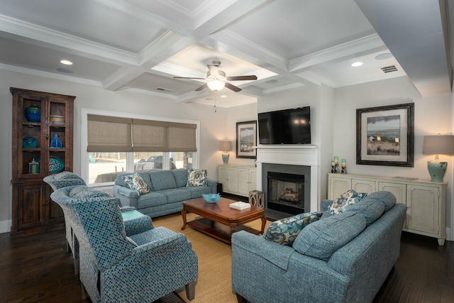 living room featuring coffered ceiling, dark hardwood / wood-style floors, beam ceiling, and crown molding