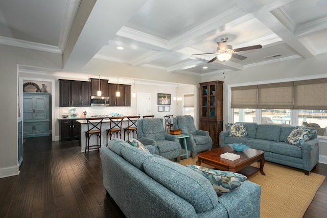 living room featuring beamed ceiling, coffered ceiling, and dark hardwood / wood-style flooring