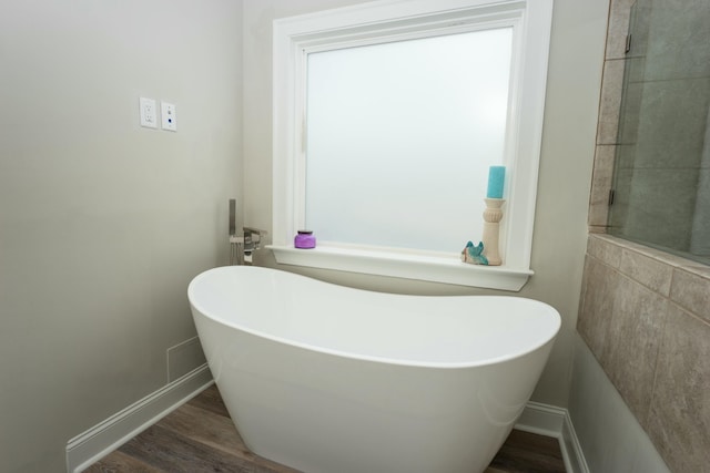 bathroom featuring wood-type flooring and a washtub