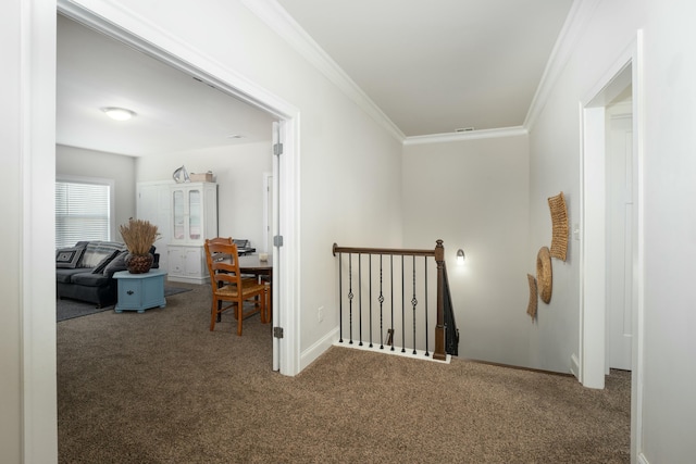 corridor with ornamental molding and carpet floors