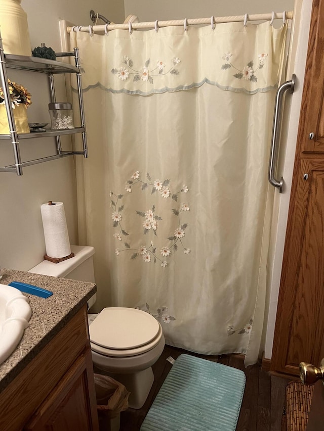 bathroom featuring vanity, toilet, and hardwood / wood-style floors